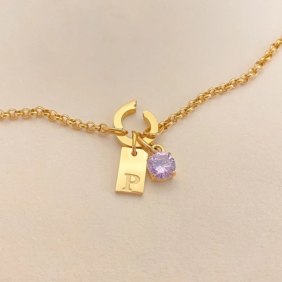 Erbsen Charm Kette mit Initial Anhänger Geburtsstein