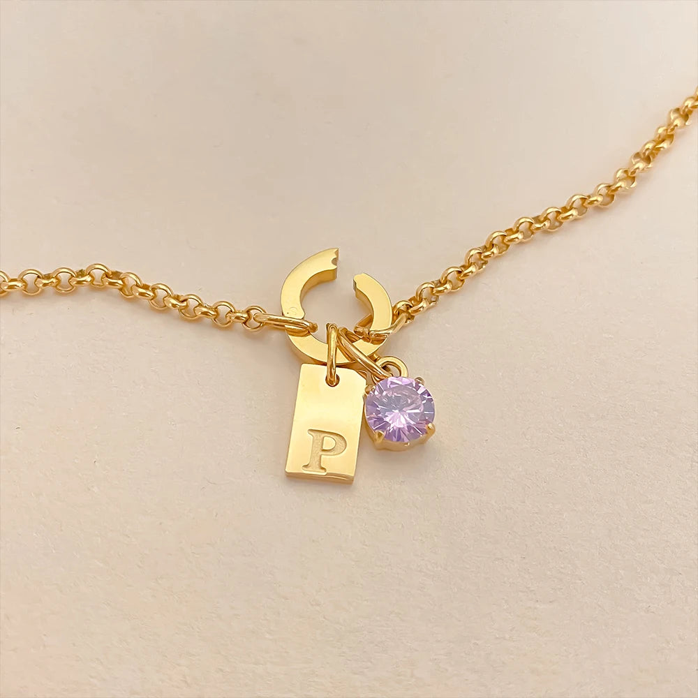 Erbsen Charm Kette mit Initial Anhänger Geburtsstein