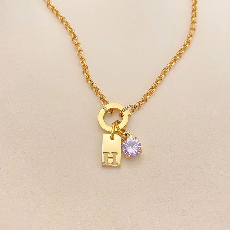 Erbsen Charm Kette mit Initial Anhänger Geburtsstein